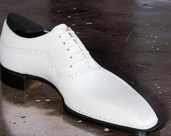 Mens Handmade Genuine Leather Shoe White Oxford Lace-up Formal Dress Shoes