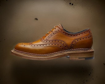 May include: A brown leather brogue shoe with a lace-up closure and a decorative wingtip design.