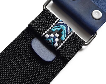 Blue Guitar Strap: Ethnic Fabric, Leather Ends, Adjustable
