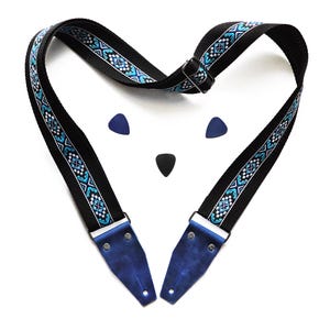 Blue Guitar strap, Folk Guitar Strap, Ethnic Guitar Strap, Leather, Acoustic Guitar Strap, Electric Guitar Strap, Vintage gift for guitarist