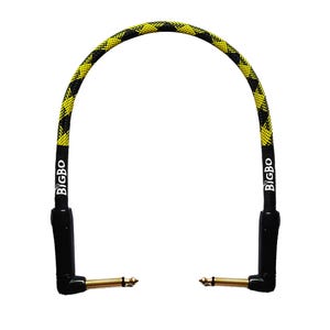May include: A black and yellow patterned instrument cable with gold-colored connectors. The cable has the text "BIGBO" printed in white on both black ends. The cable is bent in an arch shape.