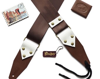Brown Seatbelt Guitar Strap: Retro Automotive Style, Leather Ends