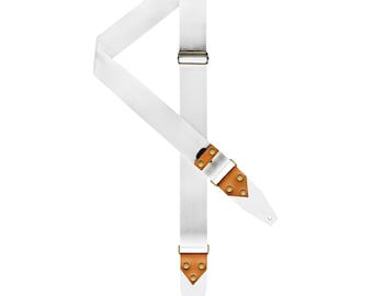 White Seatbelt Guitar Strap: Handmade Retro Style with Leather Ends