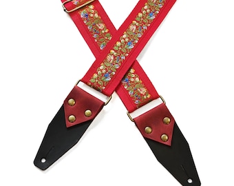 Gitaarband met bloemenprint en plectrumhouder: vintage design met rode bloemen
