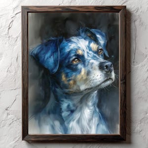 Fluffy Dog digital printable wall art, Moody blue pet portrait, Oil style animal wall decor for animal lovers, living room, Instant download