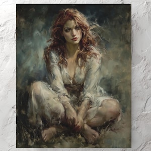 Romantic red-haired woman portrait digital oil painting, Printable moody wall art, Feminine artwork, Emotional decor for gifts, home