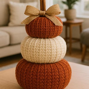 Op de afbeelding: Een decoratieve stapel van drie gebreide pompoenen in oranje en crèmetinten, bekroond met een jute strik en een kaneelstokje. De pompoenen zijn gerangschikt op een houten oppervlak, wat een herfstthema creëert.