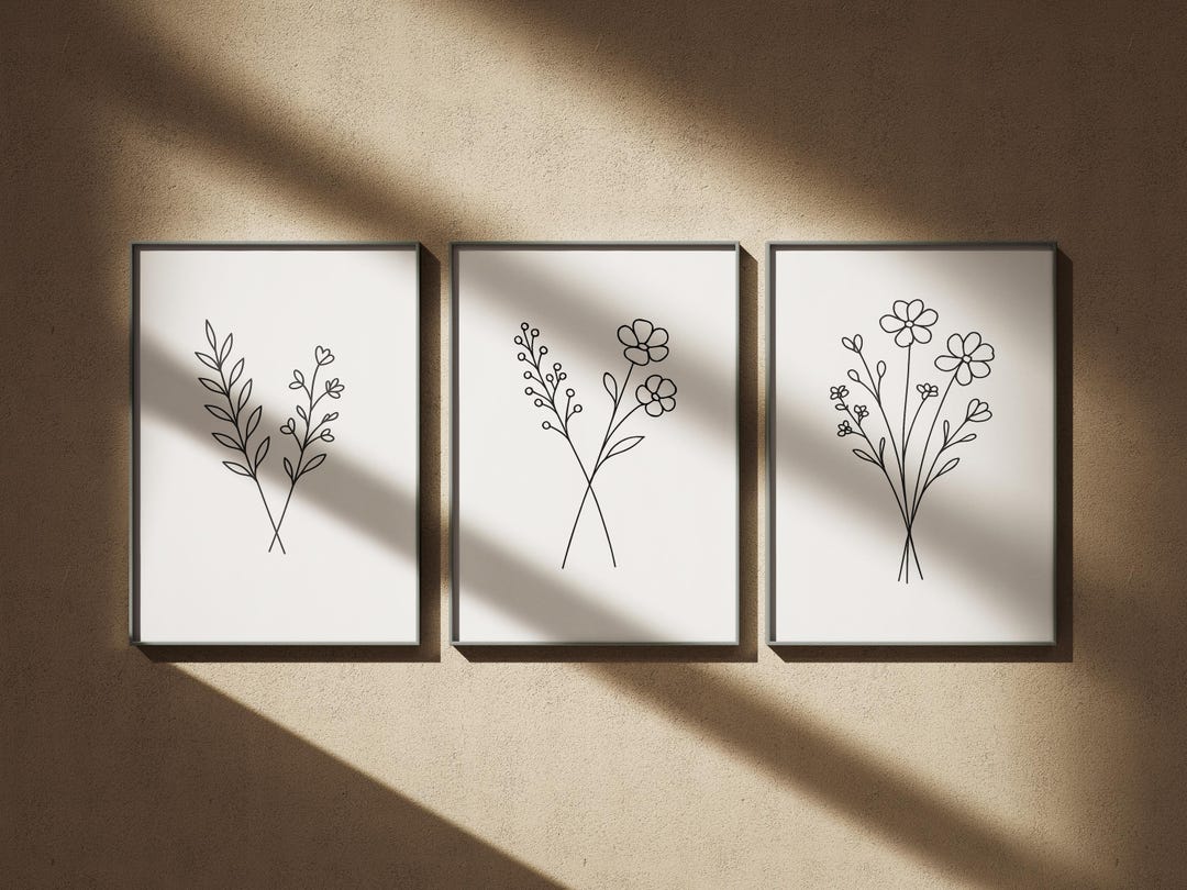 Minimalist Floral Line Art Prints: Set of Three, Botanical Wall Decor ...