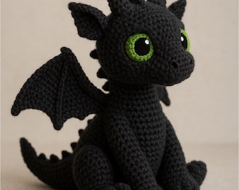 Patrón de amigurumi de dragón negro a crochet: Guía en PDF para peluches (descarga instantánea)