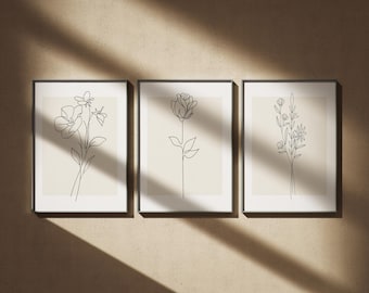 Flower Line Art, Set Of 3 Prints, Wildflower Wall Art, Black and White, Floral Print, Neutral Wall Art, Botanical Flower, Minimal Wall Decor