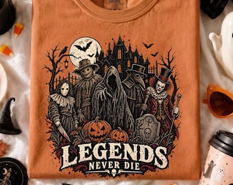 Legends Never Die Halloween Png, Gothic Skeleton Tee design, Spooky Skull Png, Dark Halloween, Horror Lover, Vintage Goth, 2026 Trending