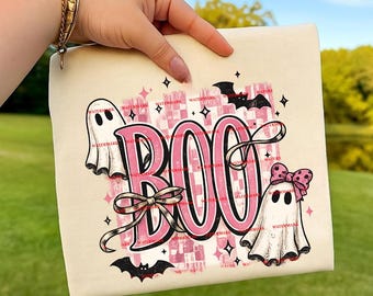 Pink Boo Ghost Halloween PNG, Cute Coquette Ghost Bow Sublimation Design, Spooky Season Shirt file, Retro Halloween Digital Download