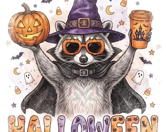 Halloween Waschbär Kaffee Png, Pumpkin Spice Latte Waschbär Tee, niedliche Herbsttiergrafik png, Herbstkaffee-Liebhaber-Sweatshirt, gruselige Jahreszeit
