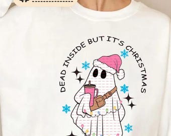 Dead Inside But It’s Christmas Ghost Shirt, Christmas Party Png, Funny Christmas T-Shirt Png, Cute Ghost Santa Hat Tee, Holiday Humor Shirt