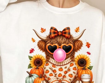 Highland Cow Fall PNG, Cute Cow Autumn Shirt Design, Pumpkin Sunflower Graphic, Coquette Fall Sublimation PNG Digital Download, Animal lover