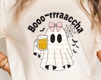 Funny Halloween Ghost With Beer Mug And Pink Bow Boo Rraaccha Design, Cute Spooky Drinking Ghost PNG For Sublimation Shirts, boo racha png