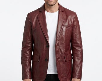 Men Burgundy Lambskin Leather Blazer, Handmade Genuine Leather Sport Coat, Slim Fit Leather Blazer, Wedding Jacket, Custom Size Gift for Him
