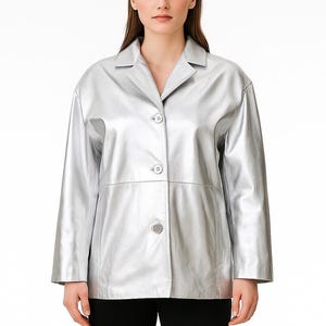 Silver Leather Blazer: Handmade Genuine Leather Jacket