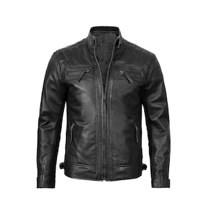 Men&#39;s Black Sheepskin Leather Cafe Racer Biker Jacket - Handmade Western Outwear
