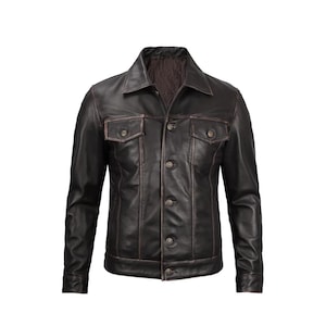 Blouson en cuir de mouton de qualité supérieure pour hommes - Blouson en cuir pour hommes avec col en cuir souple véritable aspect denim et couleur beige marron