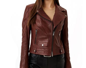 Chaqueta motera de piel de cordero marrón hecha a mano - Corte clásico para mujer - Regalos para San Valentín