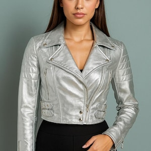 Metallic Silver Leather Jacket For Women - Modren Biker Leather Jacket - Luxury Outwear For Party Or Gift