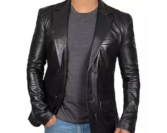 Men's Black Leather Blazer: Slim Fit Genuine Sheep Leather Coat