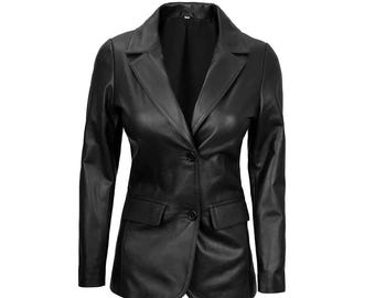 Frauen Lammfell Leder Blazer: Maßgeschneiderter schwarzer Ledermantel