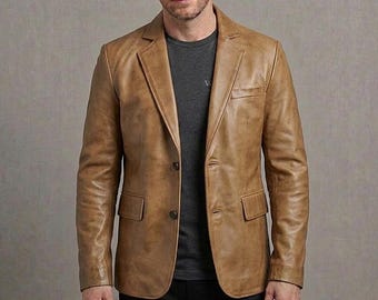 Cognac Vintage Leather Blazer - Vintage Style Men's Lambskin Coat