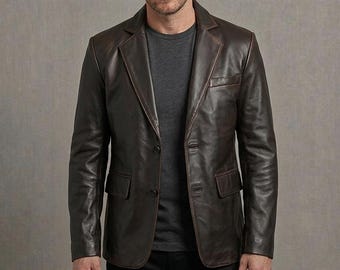 Men's Vintage Black Leather Blazer - Vintage Lambskin Coat