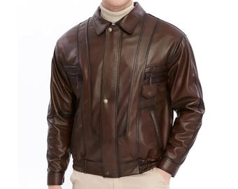 Men’s Brown Leather Jacket – Classic Bomber Style – Vintage Moto Jacket for Men – Handmade Outwear