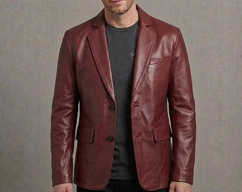 Burgundy Lambskin Leather Blazer | Mens Slim Fit Party Coat | Personalized Gift for Him | Genuine Leather Jacket | Fathers Day Gift