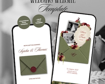 Könnte beinhalten: Eine 3-seitige Hochzeits-Website-Vorlage auf zwei Smartphones. Die Bildschirme zeigen eine olivgrüne Umschlag-Grafik, florale Akzente und Text, darunter "Sopiha & Thomas", "Save our date" und "1st August 2027, Myrtle Beach, South Carolina".