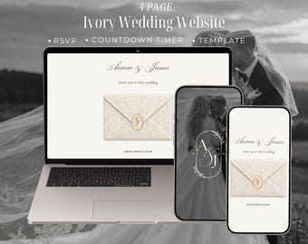 Può includere: Un modello di sito web per matrimoni color avorio di 4 pagine visualizzato su un computer portatile e due smartphone. Gli schermi mostrano il testo Aurora & James, invite you to their wedding e open invitation, con una grafica di busta.