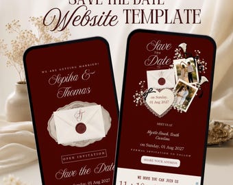 Könnte beinhalten: Eine Canva-Hochzeitswebsite-Vorlage auf zwei Smartphones mit dunkelrotem Hintergrund. Das Design zeigt weißen Text, darunter 'Save the Date', 'Sopiha & Thomas' und einen Countdown-Timer. Dekorative Elemente umfassen Umschläge mit Wachssiegeln, florale Akzente und zwei kleine quadratische Fotos eines Paares.