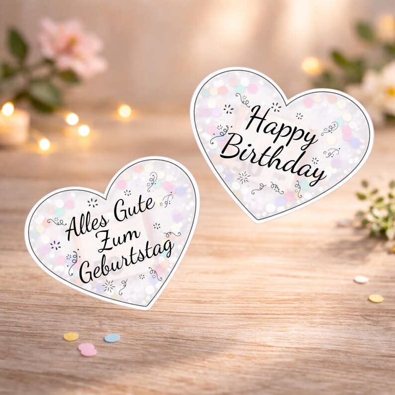May include: Two heart-shaped stickers with a white border. One says "Happy Birthday" in black script, the other says "Alles Gute Zum Geburtstag". Both have a confetti-like design with pastel colors.