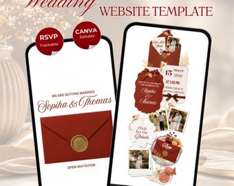 Könnte beinhalten: Eine digitale Hochzeits-Website-Vorlage mit burgunderroten floralen Akzenten. Zwei Smartphone-Bildschirme zeigen das Design mit dem Text BURGUNDY FLORAL WEDDING WEBSITE TEMPLATE, RSVP, CANVA EDITABLE, WE ARE GETTING MARRIED SOPHA & THOMAS sowie einen Countdown.