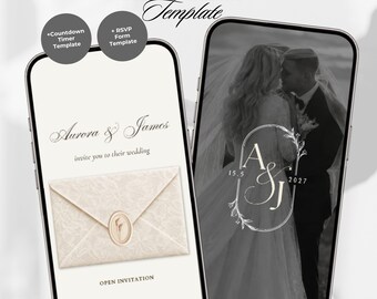 Può includere: Un modello di sito web per matrimoni di 4 pagine visualizzato su due smartphone. Lo schermo sinistro mostra un invito per Aurora & James con una busta. Lo schermo destro mostra una foto in bianco e nero con un monogramma A&J.