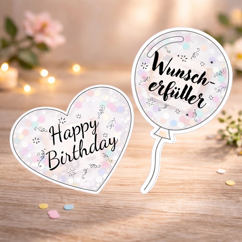 May include: Two white, heart-shaped and balloon-shaped decorations with confetti and text. The heart says "Happy Birthday" in black script. The balloon says "Wunscherf&uuml;ller" in black script.