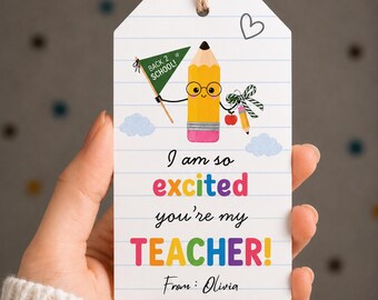 Könnte beinhalten: Ein rechteckiges weißes Geschenkanhänger mit blauen horizontalen Linien und einem Bleistift-Cartoon, der einen grünen Wimpel mit der Aufschrift BACK 2 SCHOOL! und einen roten Apfel hält. Der Text lautet I am so excited you're my TEACHER! From: Olivia.