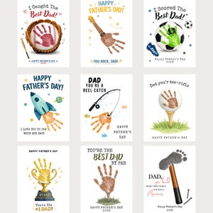May include: A collection of nine Father's Day greeting cards featuring handprint and footprint art. Designs include a baseball glove, guitar, soccer ball, rocket, fishing rod, golf ball, trophy, golf tee, and hammer, with text like Best Dad.