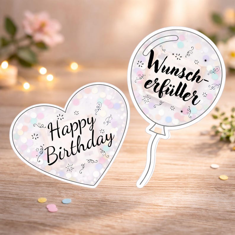 Pu&ograve; includere: Due decorazioni di compleanno bianche piene di glitter. Una &egrave; a forma di cuore con "Happy Birthday" in corsivo nero. L'altra &egrave; a forma di palloncino con il testo tedesco "Wunscherf&uuml;ller". Entrambe hanno un bordo bianco.