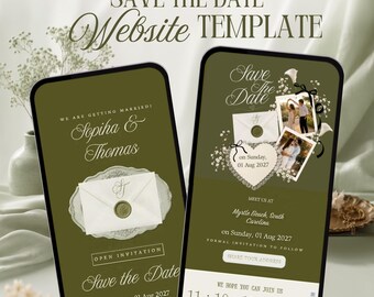 Könnte beinhalten: Eine Canva-Hochzeitswebsite-Vorlage auf zwei mobilen Bildschirmen mit olivgrünem Hintergrund. Das Design zeigt weißen Text, eine Grafik mit einem wachssiegelten Umschlag, herzförmige Akzente und einen Countdown für den 1. August 2027.