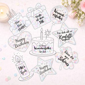 May include: A selection of outlined birthday stickers in various shapes, including cakes, a gift box, a heart, a star, a balloon, a candle, and a four-leaf clover. Each sticker features text in a script font, such as "Happy Birthday" and "Alles Gute."