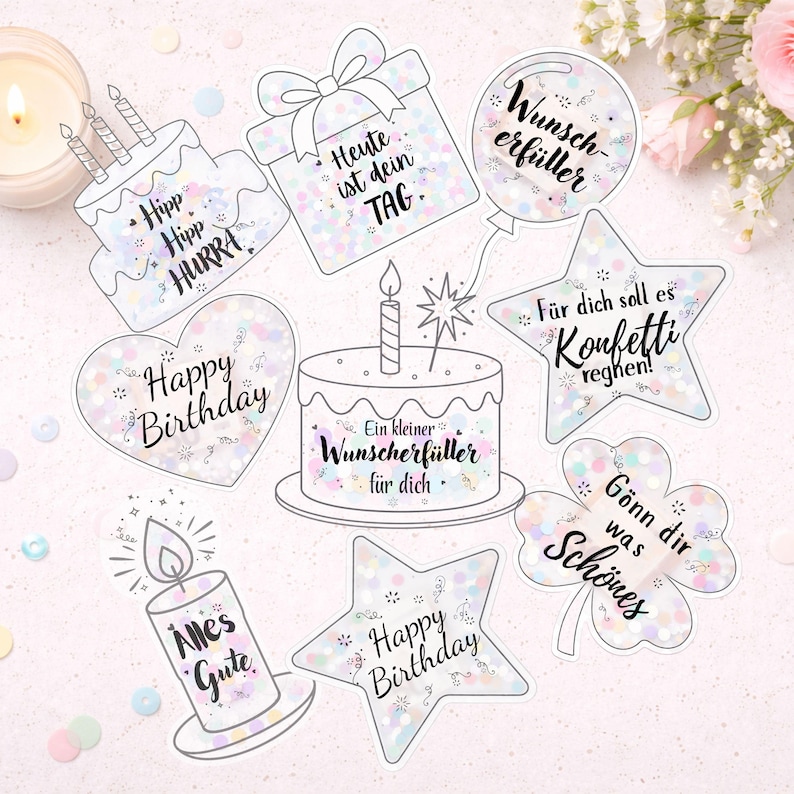 Pu&ograve; includere: Una collezione di adesivi a tema compleanno delineati con varie forme, tra cui torte, un pacco regalo, un cuore, una stella, un palloncino, una candela e un quadrifoglio. Ogni adesivo presenta testo in un carattere script.