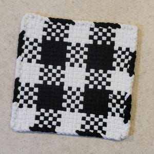 Handmade loom woven potholder, trivet, hot pad or coaster black & white checkerboard