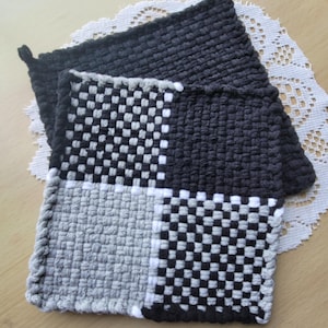 Handwoven Black White Grey 8 Inch Pot Holder Set, Heat Resistant Cotton Loops