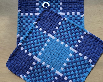 Handmade Loomed Cotton Potholders-Matching Set of Two- Blue & White