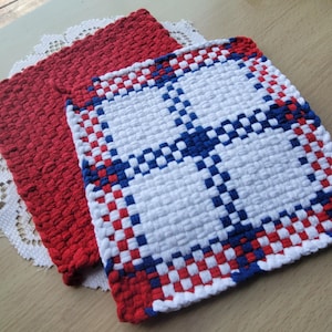 Handwoven Large 8 Inch Patriotic Potholder Set, RWB Heat Resistant Hot Pads, Looped Trivets