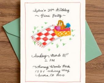 Invitation pique-nique d'anniversaire dessinée à la main personnalisable